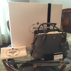 Prada Vitello Daino Leather Center Zip 2-Way Marmo